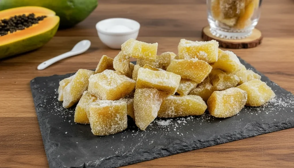 Doce de mamão verde em pedaços cristalizado – Destaque